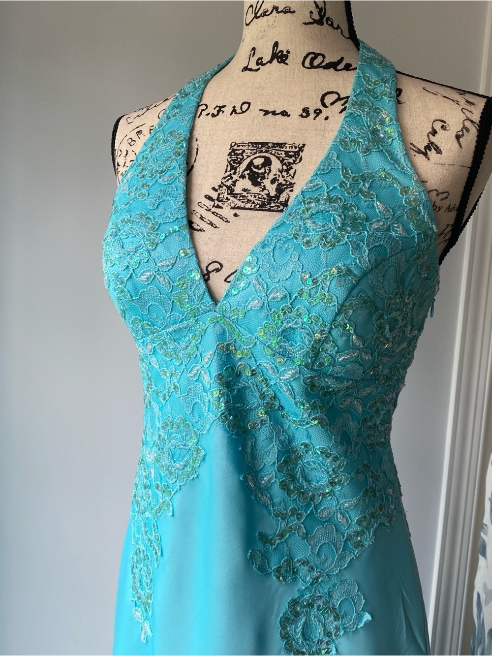 Vintage Y2k 90s Aqua Beaded Fairy Halter Prom Dress - sz 10 - Picture 5 of 15